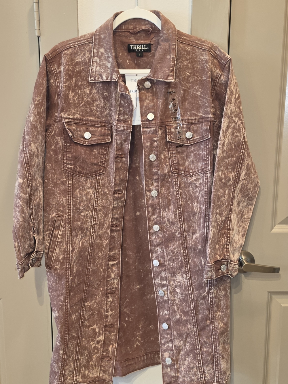 Thrill Vintage Wash Long Denim Jacket - Mauve Brown